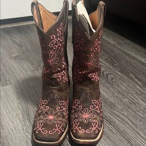 Brown and Pink Embroidered Cowboy Boots
